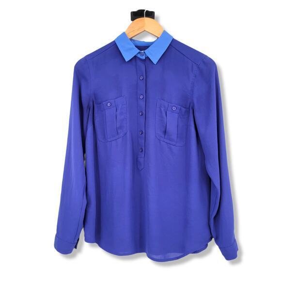LOFT Ann‎ Taylor Colorblock Chiffon Semi Sheer 1/2 Button Down Blouse Size Small - Picture 1 of 11
